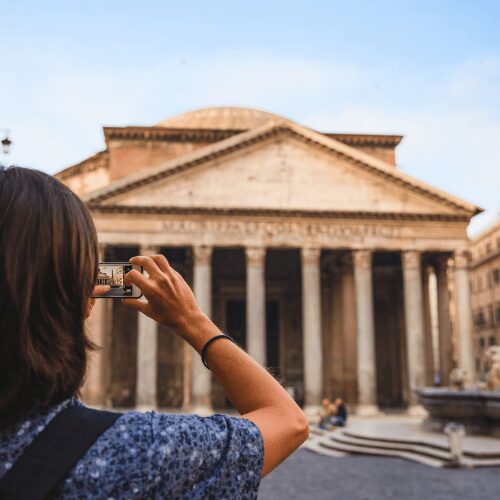 Tourist photographing the Pantheon in Rome, Italy, during an inStazione Italy tour.