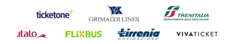 Logos of travel service providers: Ticketone, Grimaldi Lines, Trenitalia, Italo, Flixbus, Tirrenia Navigazione, and Vivaticket.