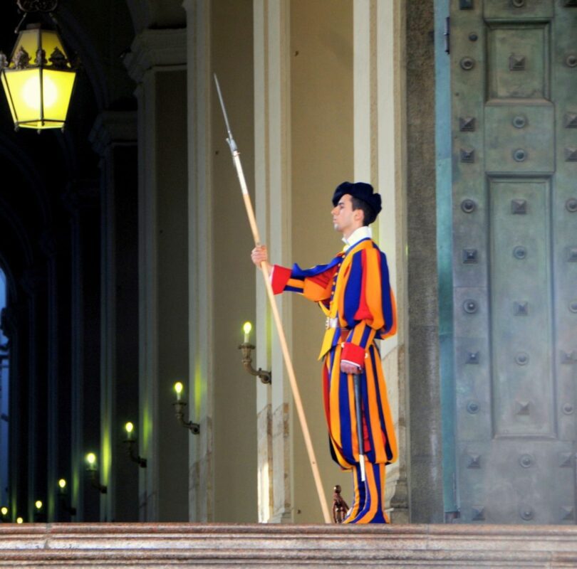 Swiss Guard standing at attention at Vatican City entrance