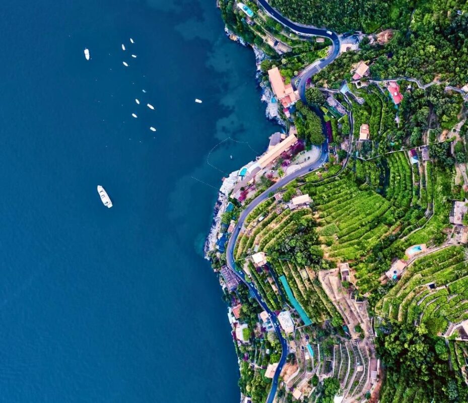 Aerial view of Ravello and the dramatic cliffs of the Amalfi Coast