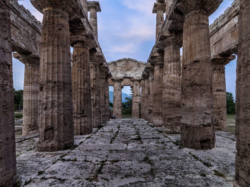 Interior view of ancient Doric temple columns at Paestum Archaeological Park
