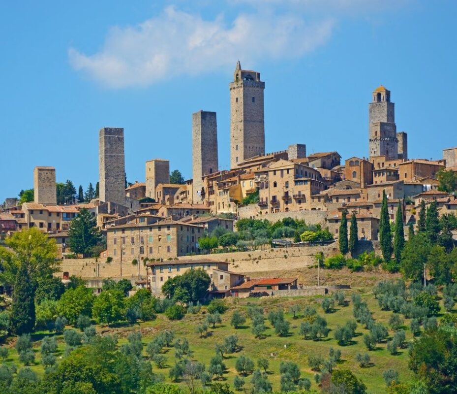 The medieval skyline of San Gimignano with historic towers seen during a Tuscany Day Trip From Florence