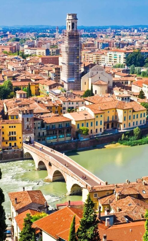 Torre dei Lamberti and Piazza delle Erbe on a sunny day in Verona