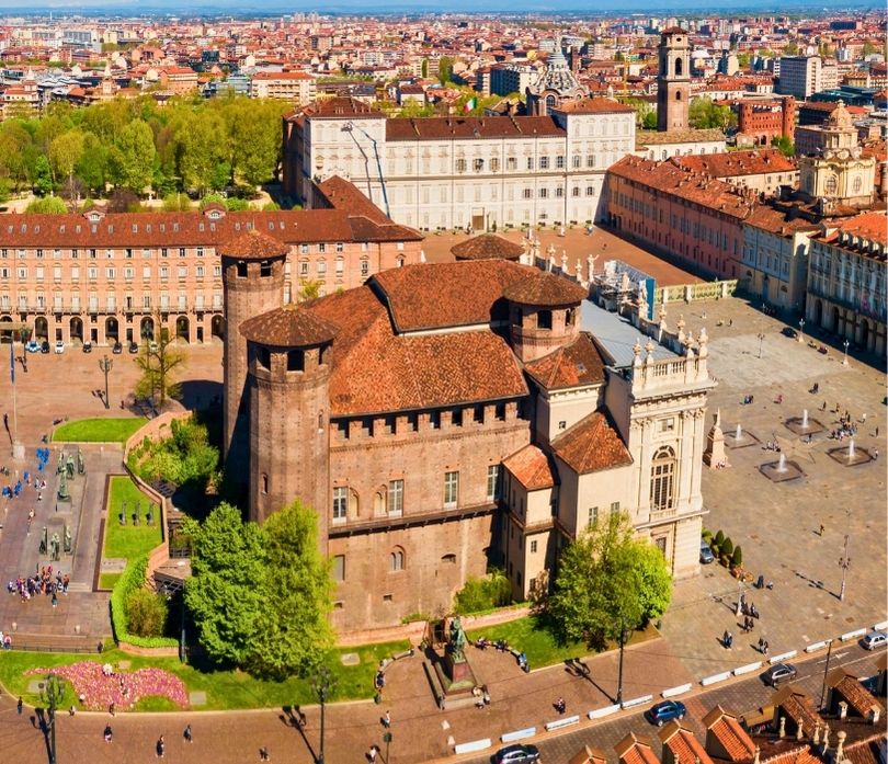 Aerial view of Piazza Castello and Palazzo Madama on Turin Walking Tour