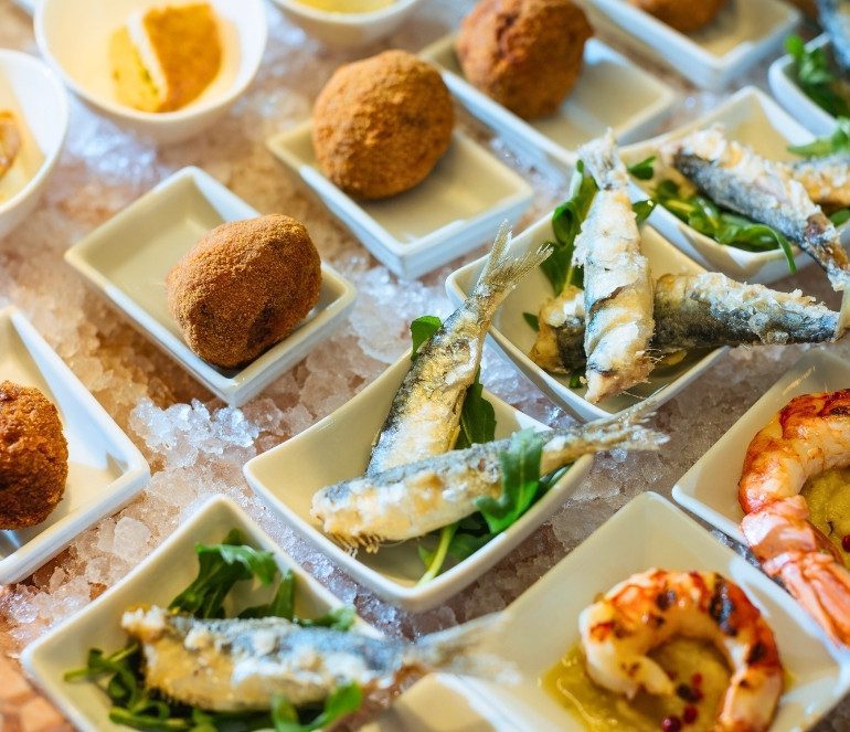 Assorted cicchetti and seafood bites on Venice Food Tour