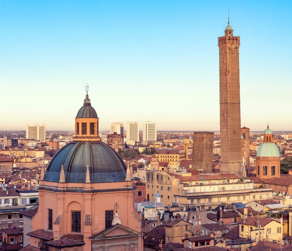 Aerial view of Bologna skyline featuring the Two Towers and historic domes during the Walking Tour Bologna