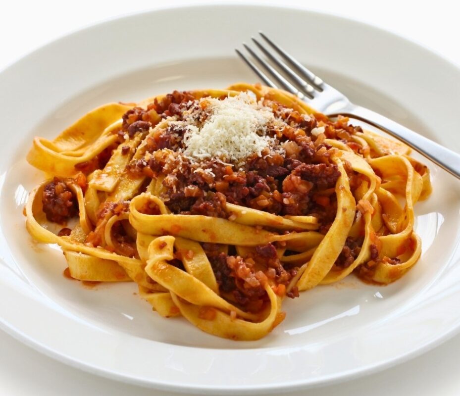 Tagliatelle al ragù, a famous Bolognese pasta dish served with Parmigiano