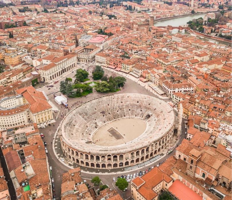 Aerial view of Arena di Verona and historic city center during Verona Walking Tour